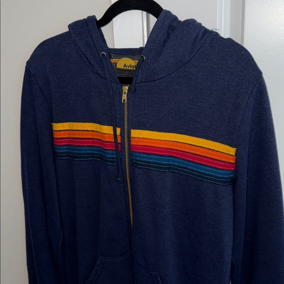 Aviator Nation Navy Blue Hooded Sweater with Multicolor Stripes sz Large - Picture 13 of 14